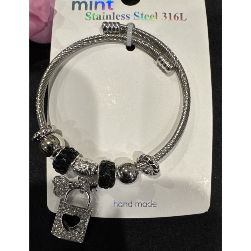 Mint Stainless Steel Heart PadLock Crystals Charm Silvertone Bangle Bracelet NEW - Picture 6 of 8